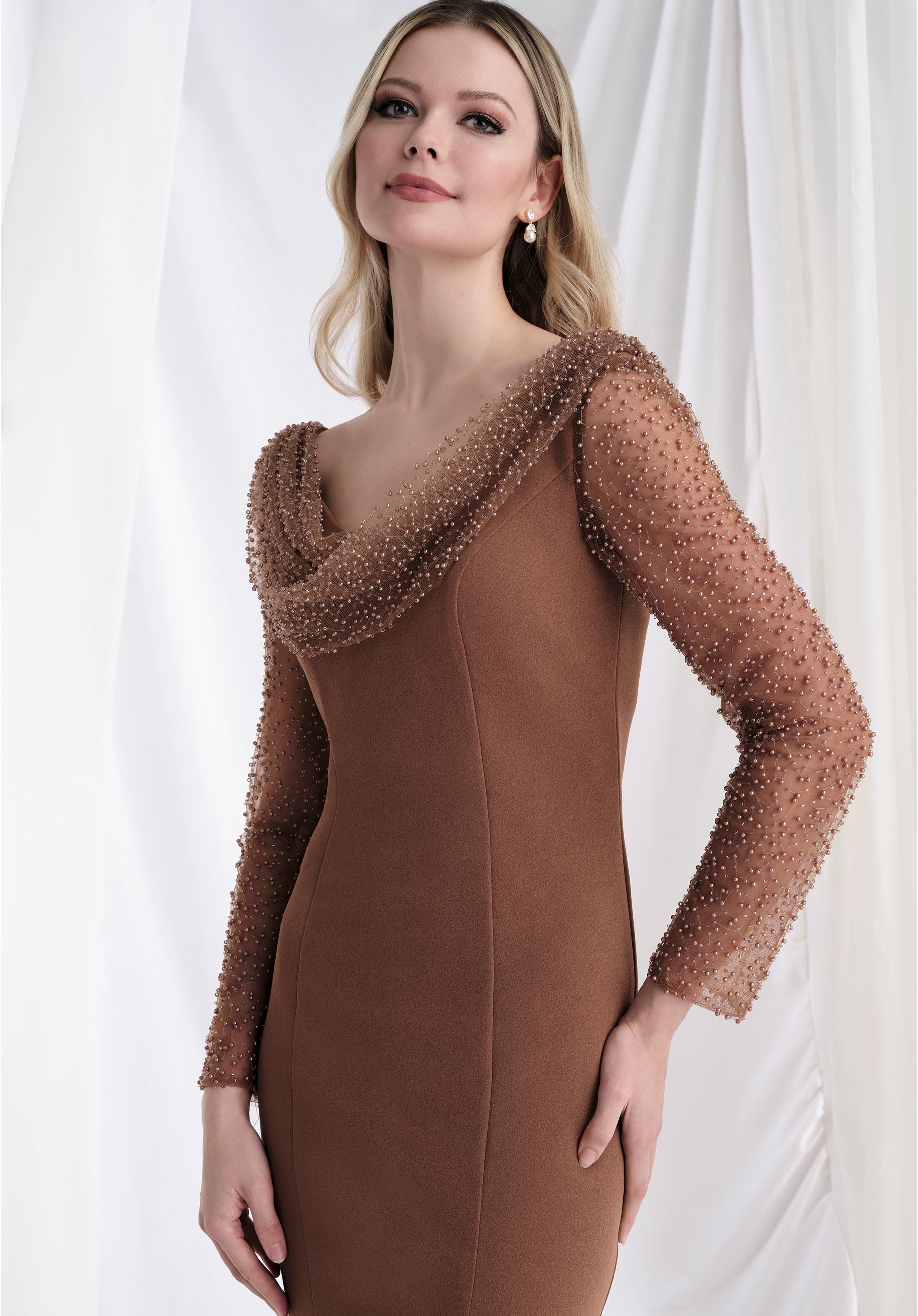 Cowl Neck Stretch Crepe Fit and Flare Evening Gown Morilee