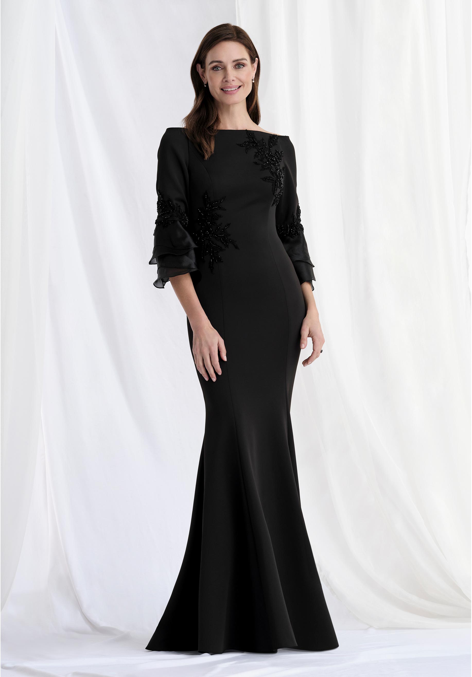 Fit and Flare Scuba Knit Evening Gown with Ruffle Sleeves Morilee
