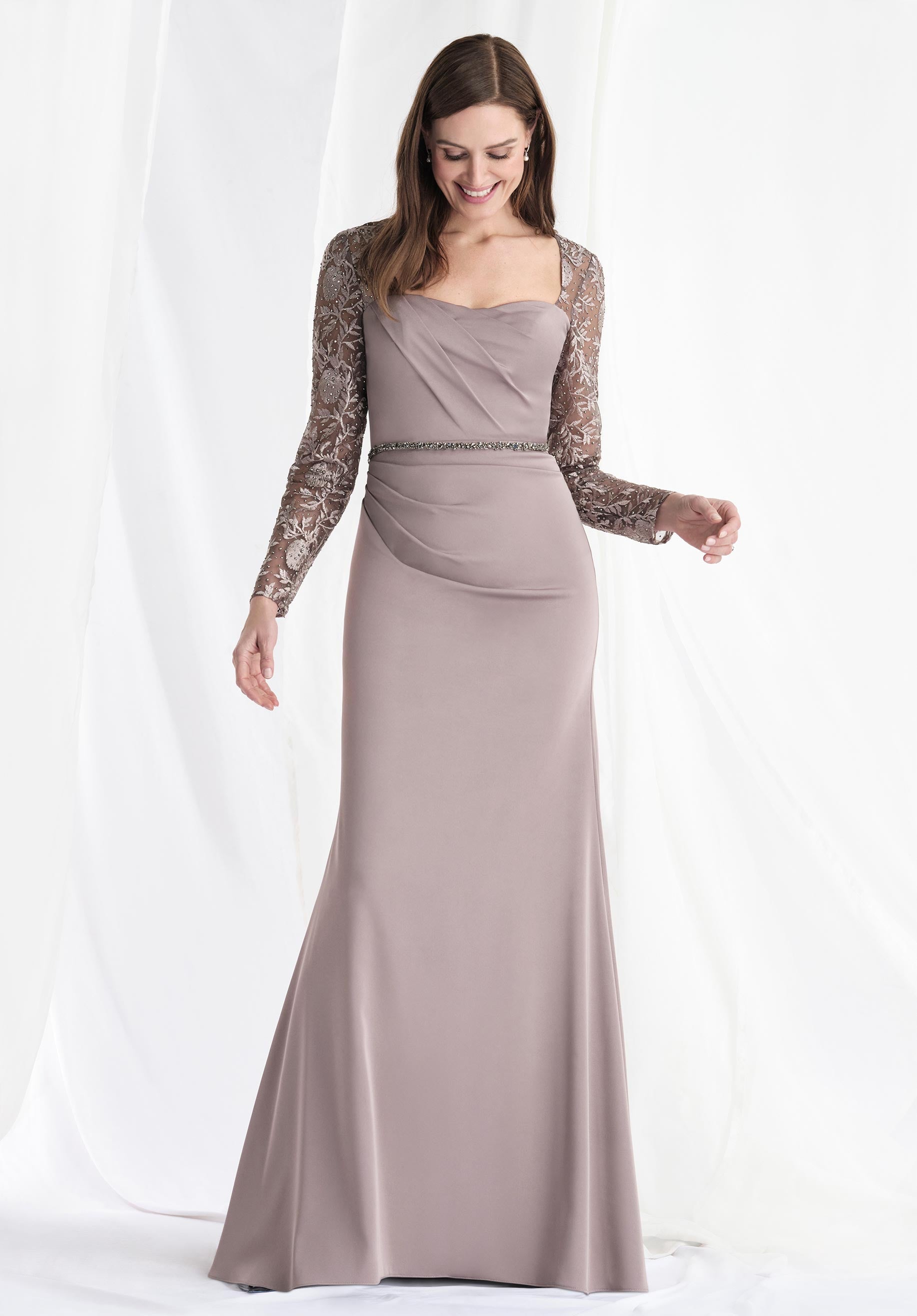 Fit and Flare Crepe Evening Gown with Beaded Lace Long Sleeves Morilee