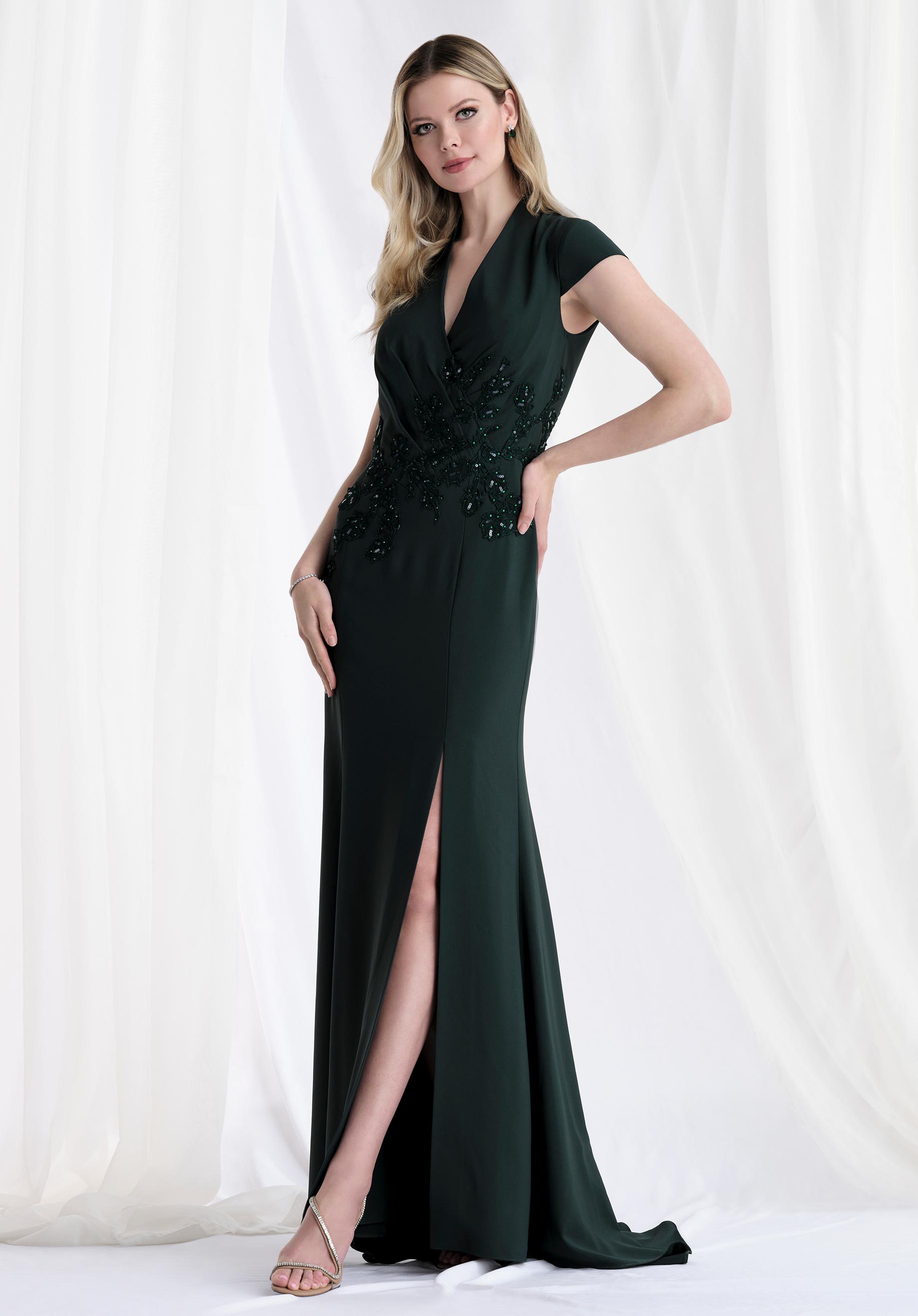 V-Neck Cap Sleeve Crepe Evening Gown Morilee