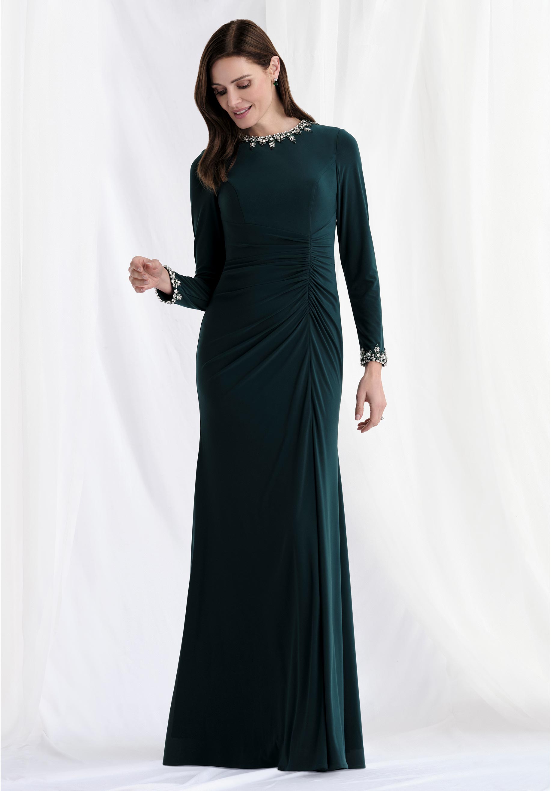 Beaded Jewel Neck Asymmetric Drape Jersey Evening Gown Morilee
