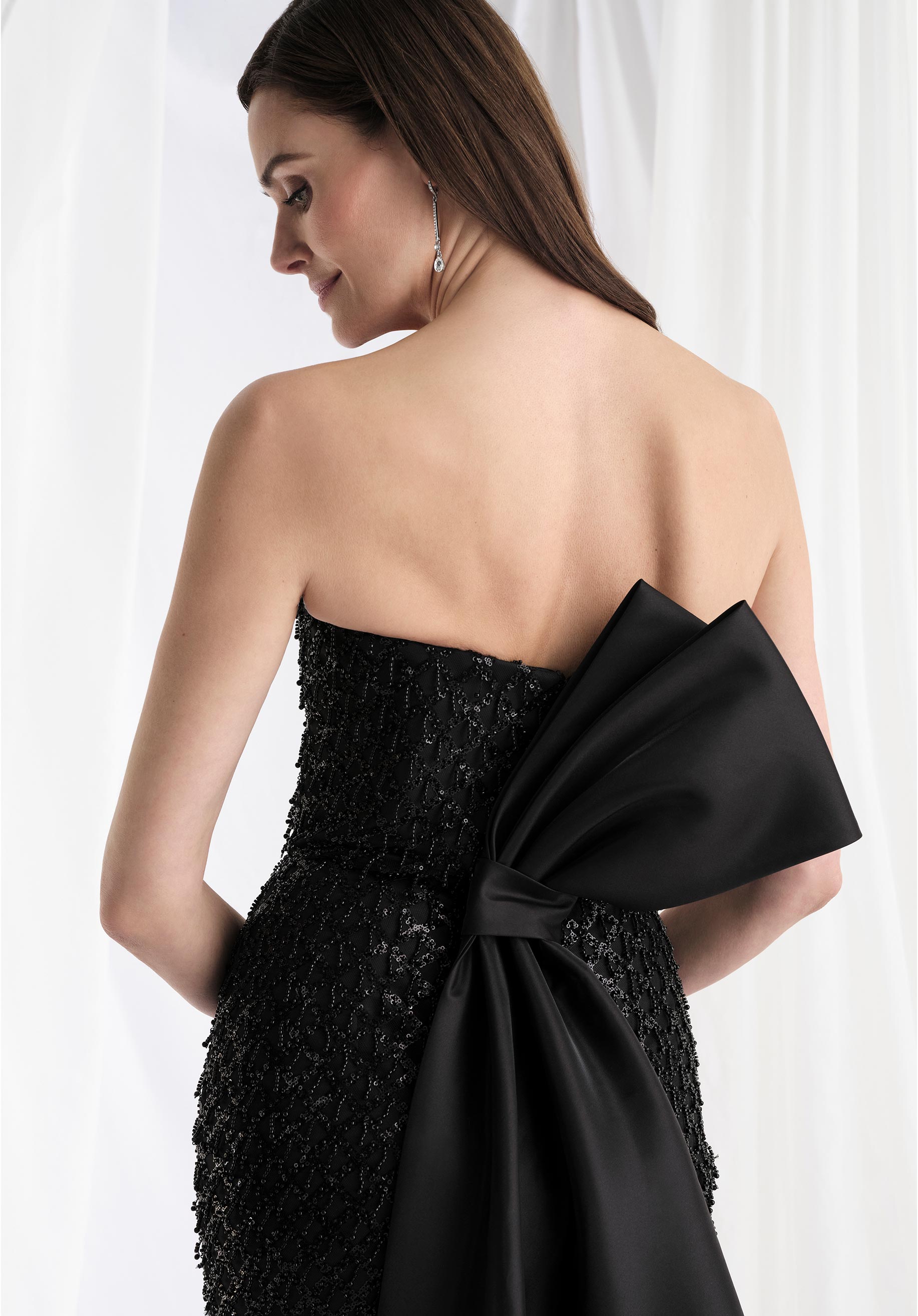 Strapless Beaded Fringe Fit and Flare Evening Gown Morilee