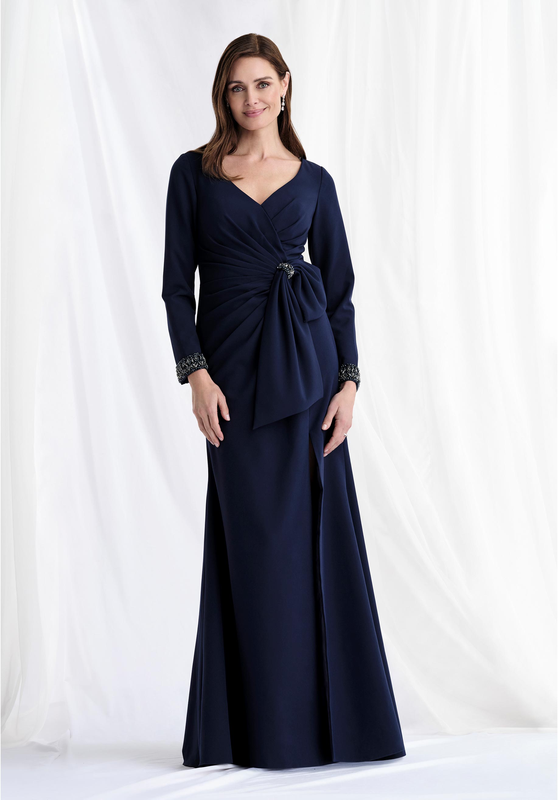 Long Sleeve Scuba Knit Fit and Flare Evening Gown with Bow Morilee