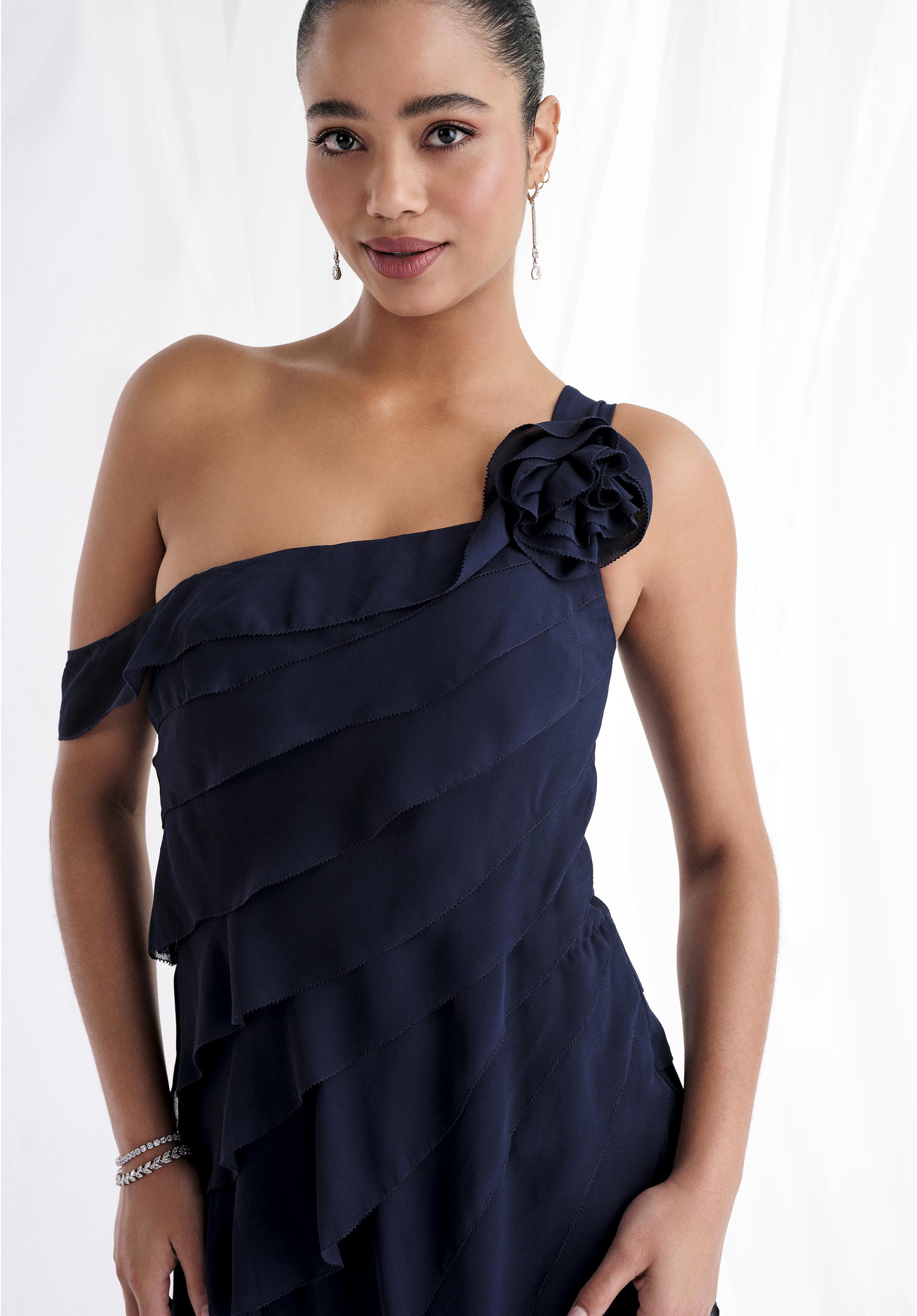Tiered Chiffon One Shoulder Evening Gown Morilee