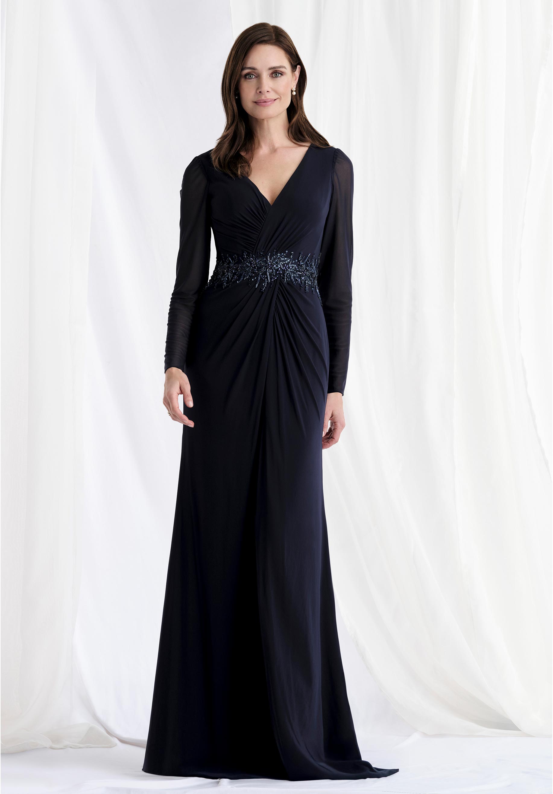 Long Sleeve Stretch Mesh Fit and Flare Evening Gown with Waist Applique Morilee