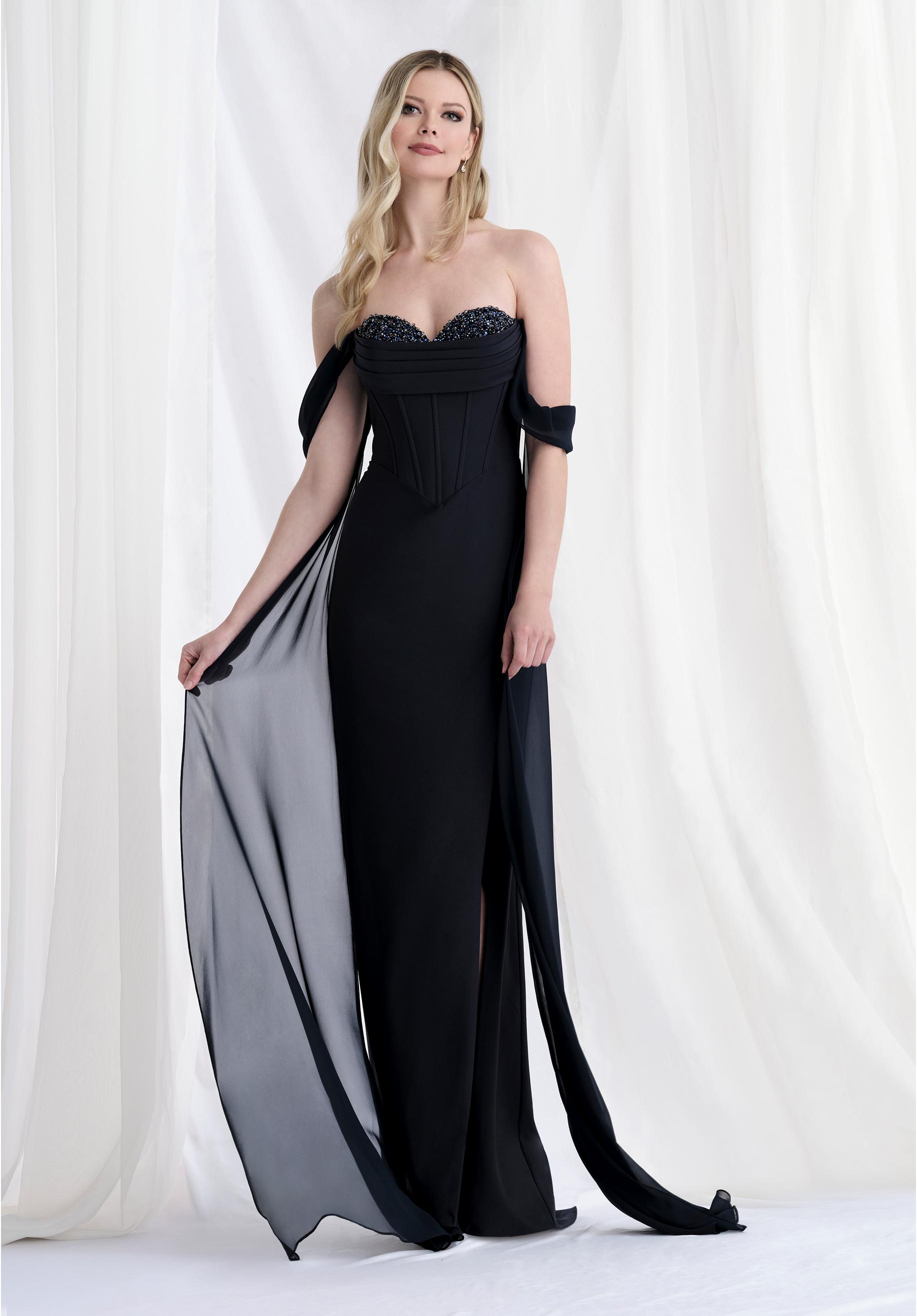 Stylized Sweetheart Crepe Evening Gown with Chiffon Streamers Morilee