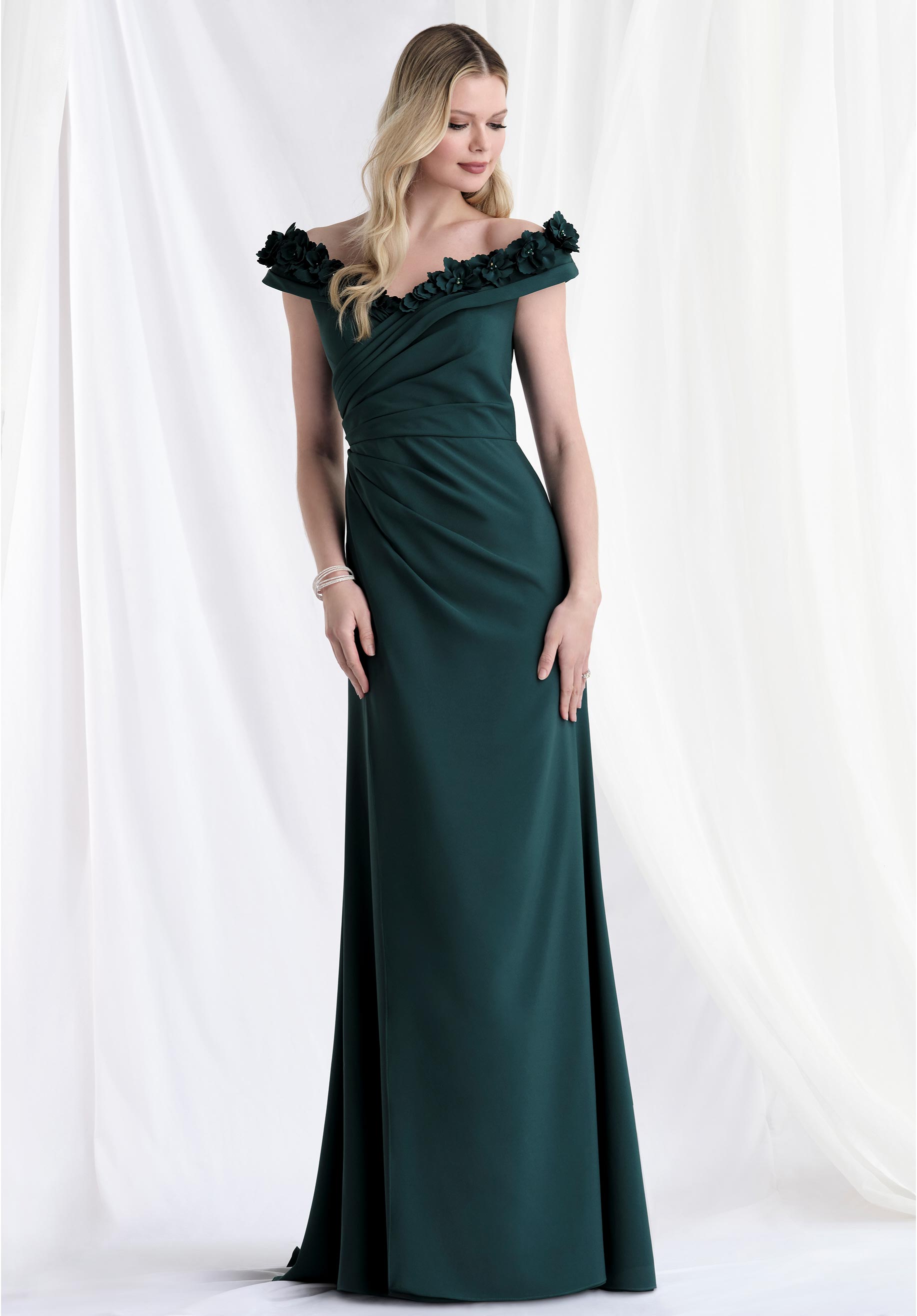 Off The Shoulder Floral Wrap Bodice Fit and Flare Evening Gown Morilee