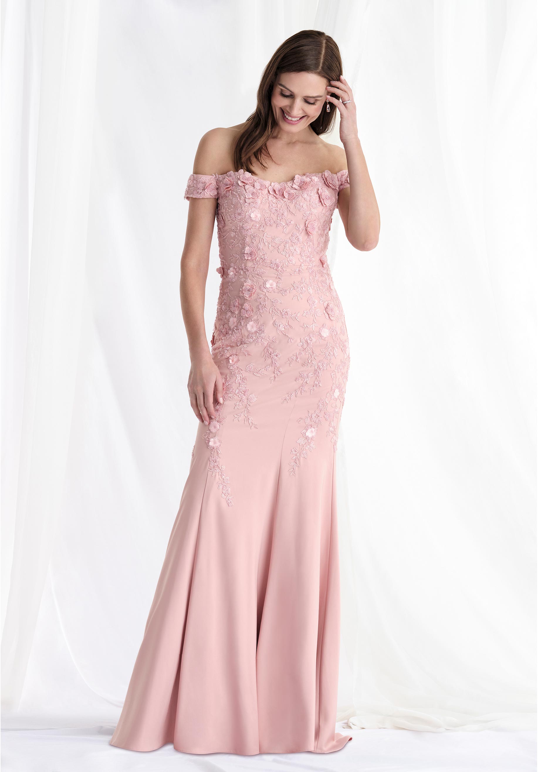 Beaded Floral Crepe Fit and Flare Evening Gown Morilee