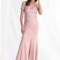 Beaded Floral Crepe Fit and Flare Evening Gown Morilee