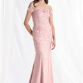Beaded Floral Crepe Fit and Flare Evening Gown Morilee