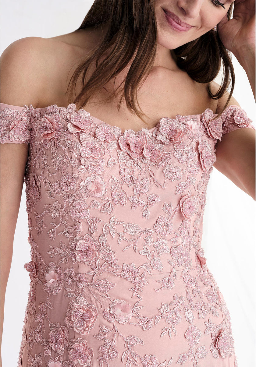 Beaded Floral Crepe Fit and Flare Evening Gown Morilee
