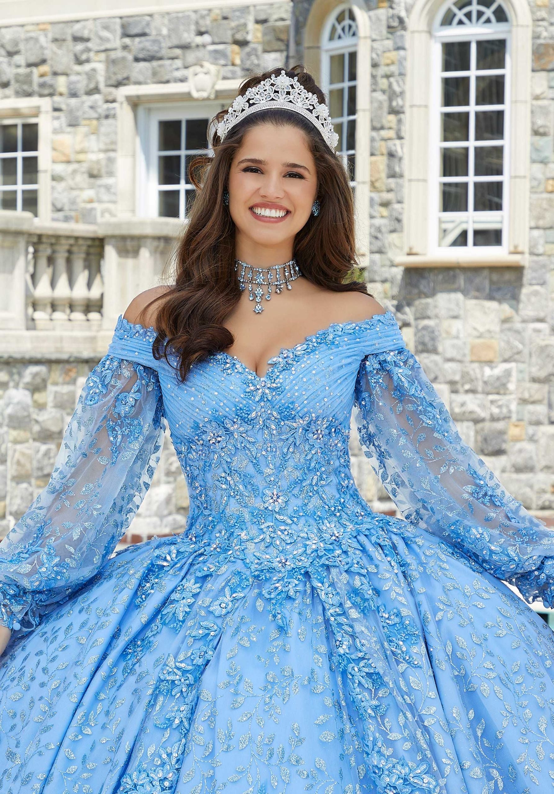Patterned Glitter Tulle Quinceañera dress with Bishop Sleeves