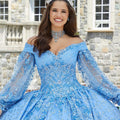 Patterned Glitter Tulle Quinceañera dress with Bishop Sleeves