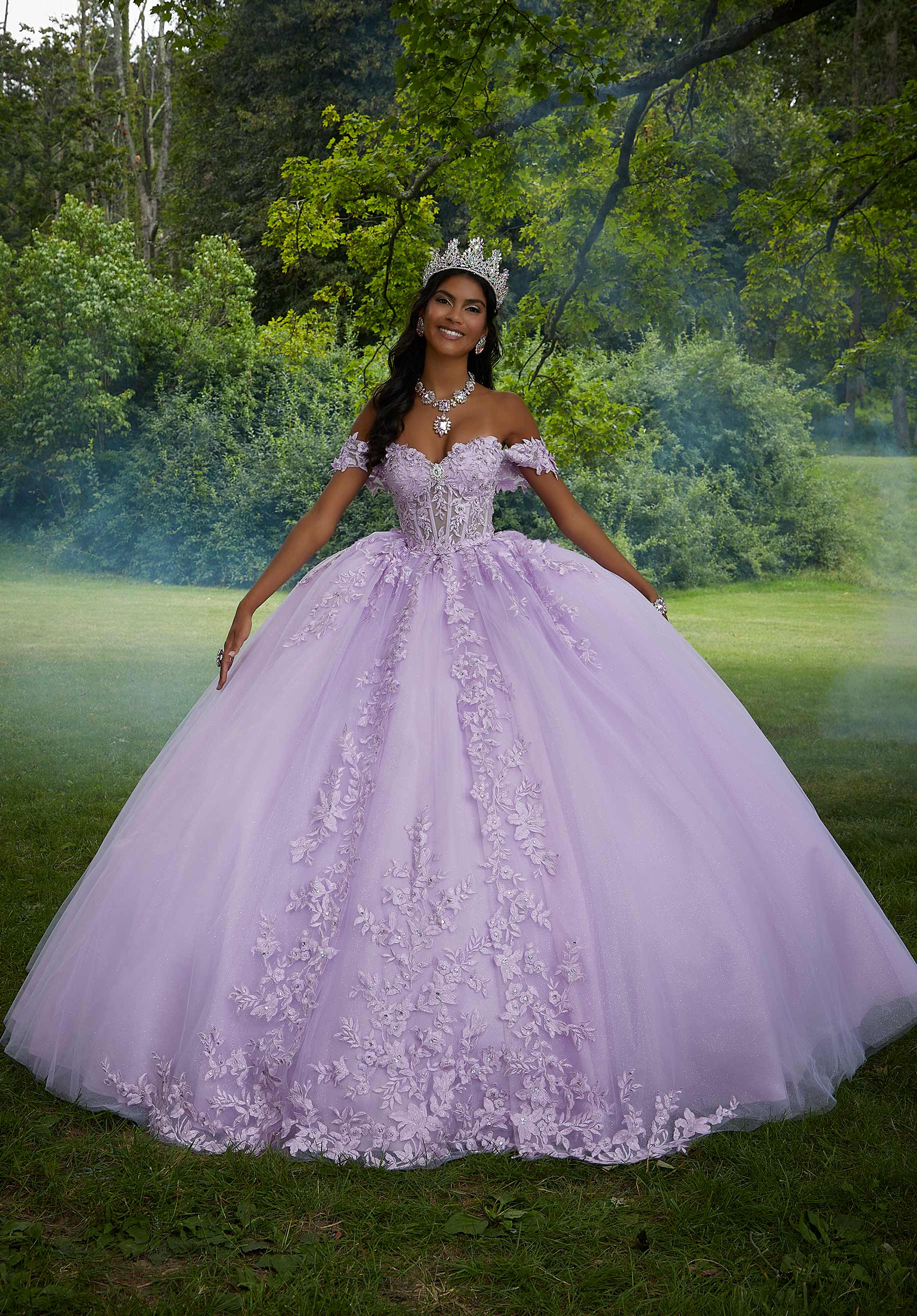 Crystal Beaded Lace Sheer Bodice Quinceañera Dress Morilee