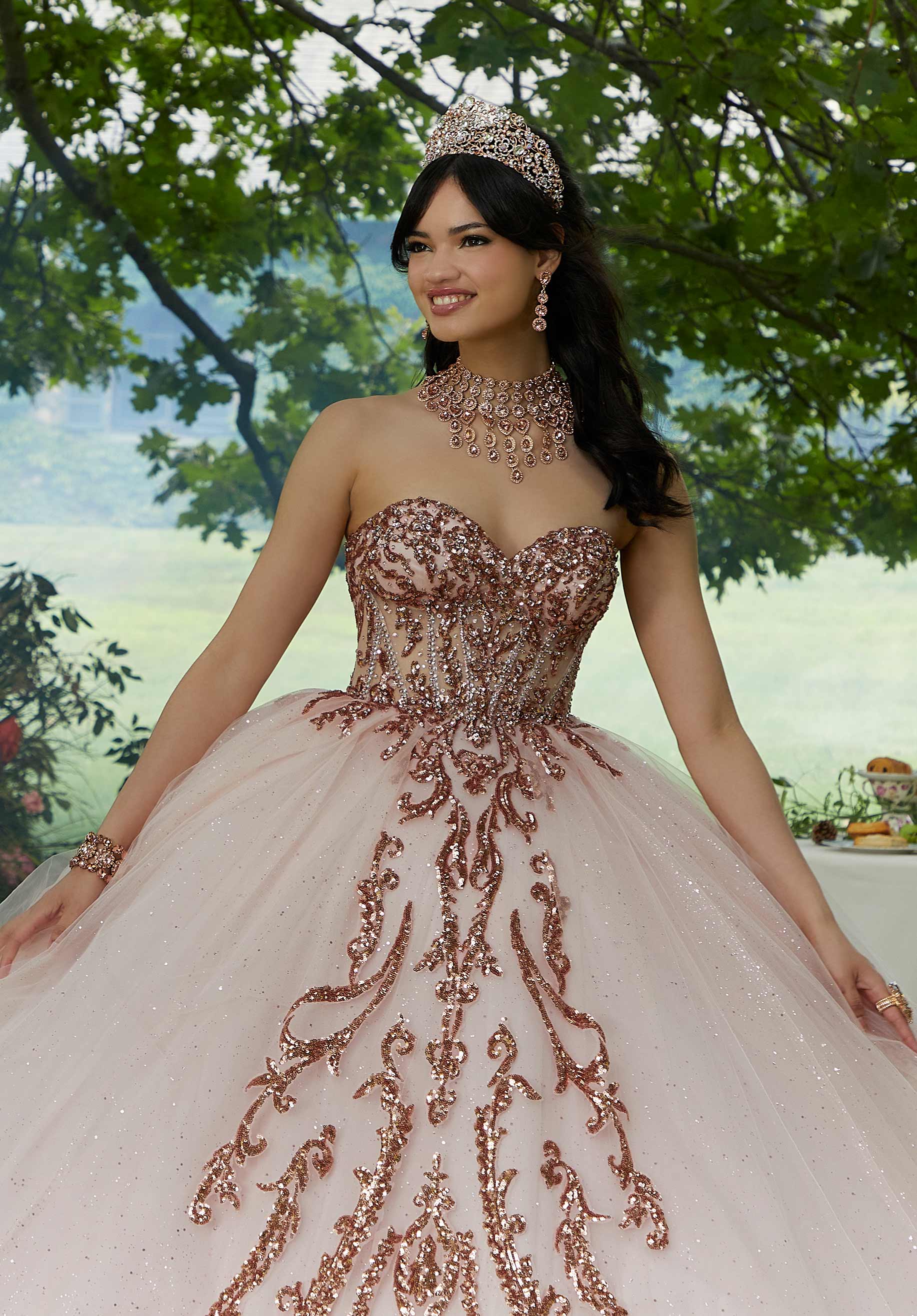 Pattern Sequin Rhinestone and Crystal Beaded Quicneañera Dress Morilee