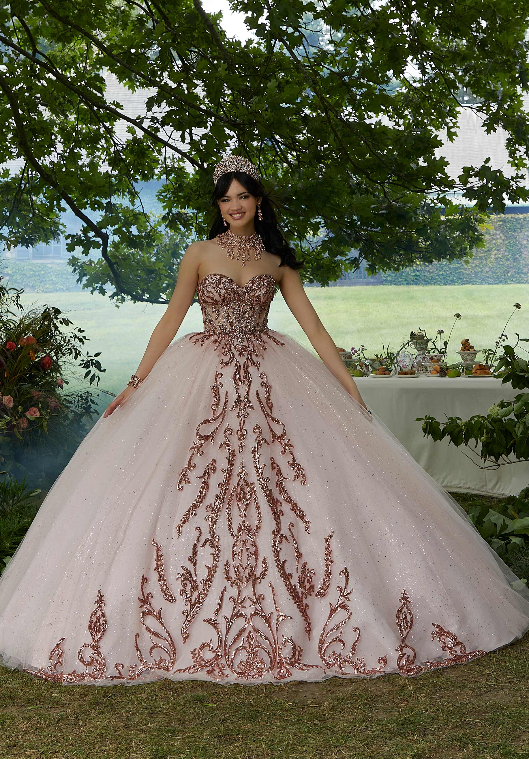 Pattern Sequin Rhinestone and Crystal Beaded Quicneañera Dress Morilee
