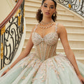 Three-Dimensional Embroidered Diamanté Beaded Quinceañera Dress with Sheer Bodice Morilee