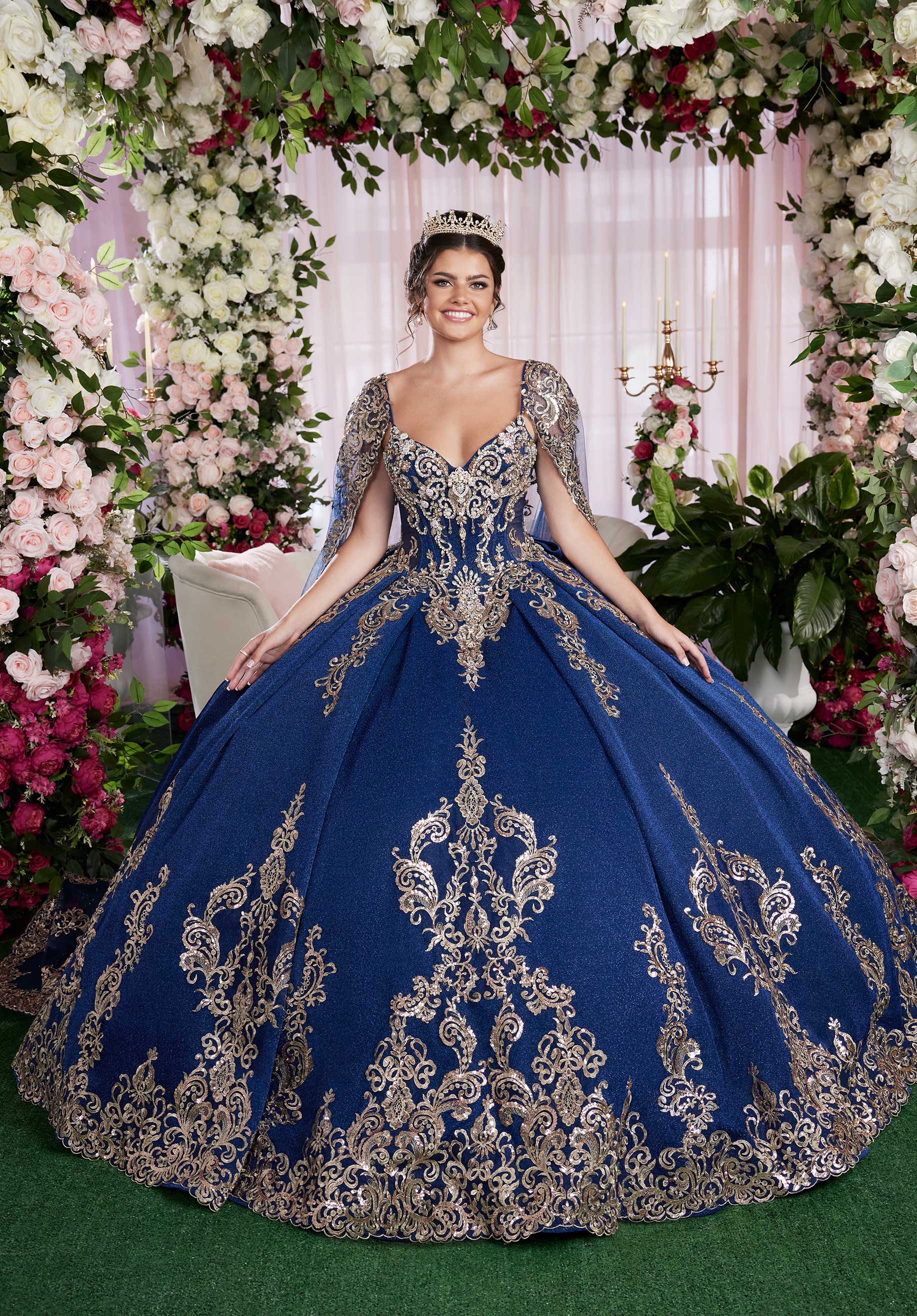 Sequin Embroidered Metallic Quinceañera Dress with Cape Morilee