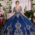 Sequin Embroidered Metallic Quinceañera Dress with Cape Morilee