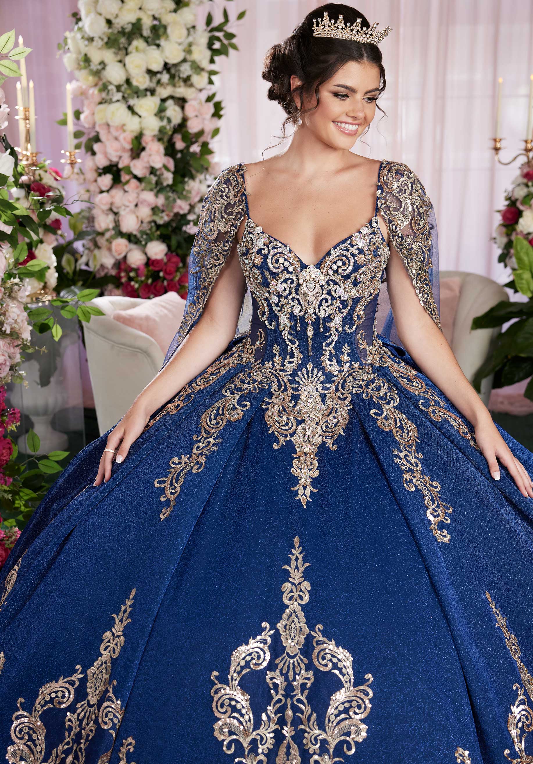 Sequin Embroidered Metallic Quinceañera Dress with Cape Morilee