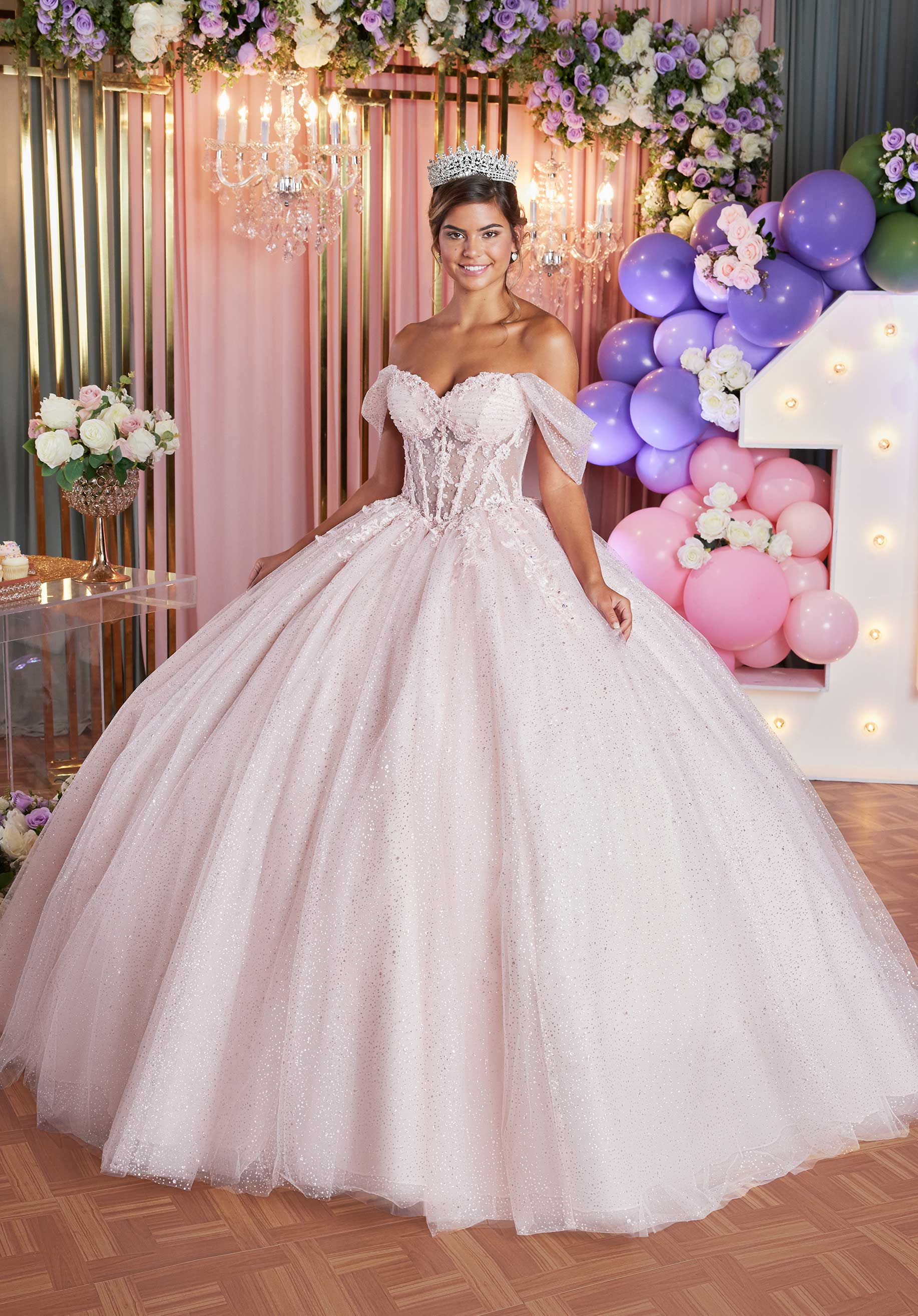 Embellished Lace and Glitter Tulle Quinceañera Dress with Tiered Ruffle Back Morilee