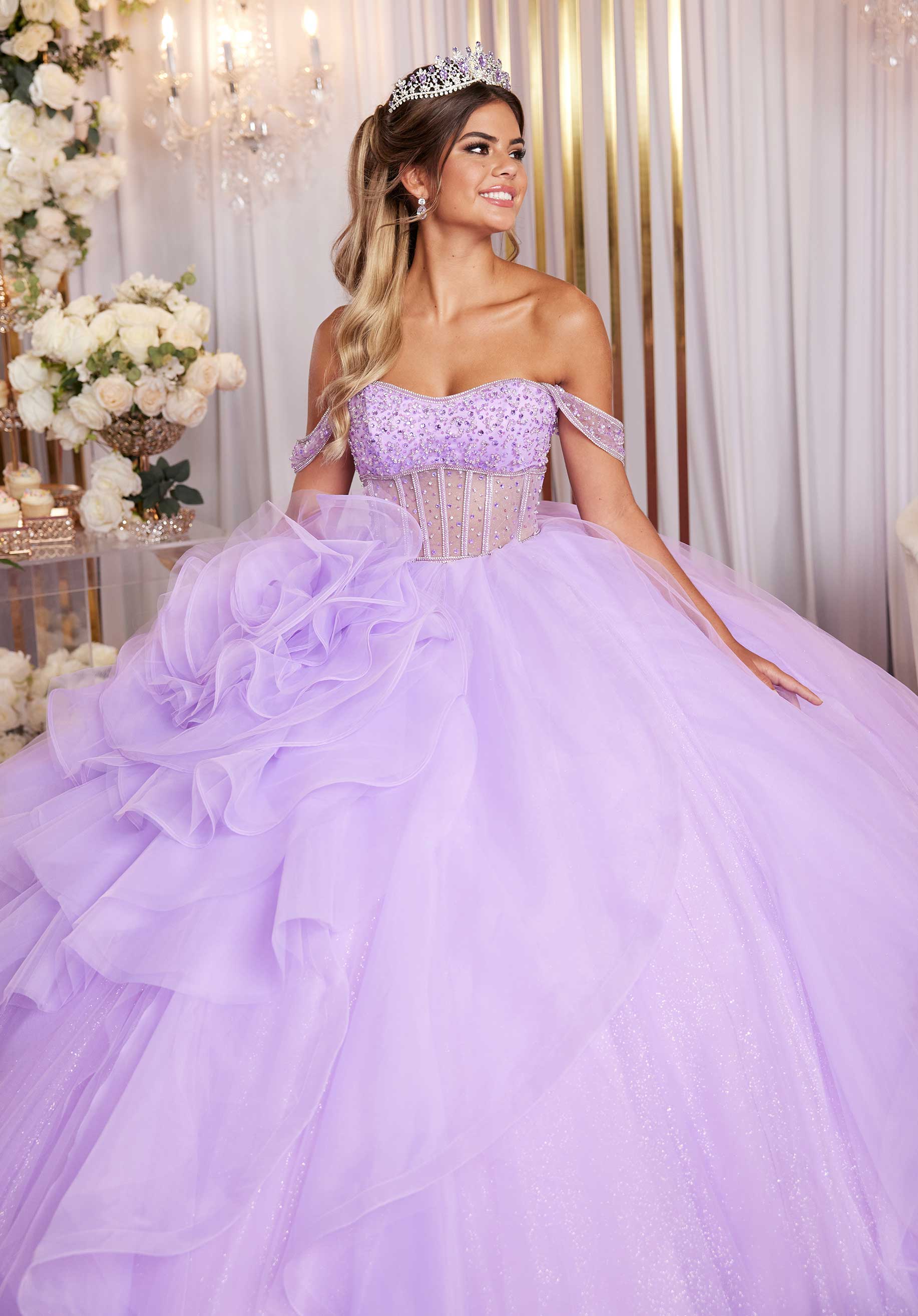 Crystal Beaded Sheer Corset Quinceañera Dress Large Rosette Morilee