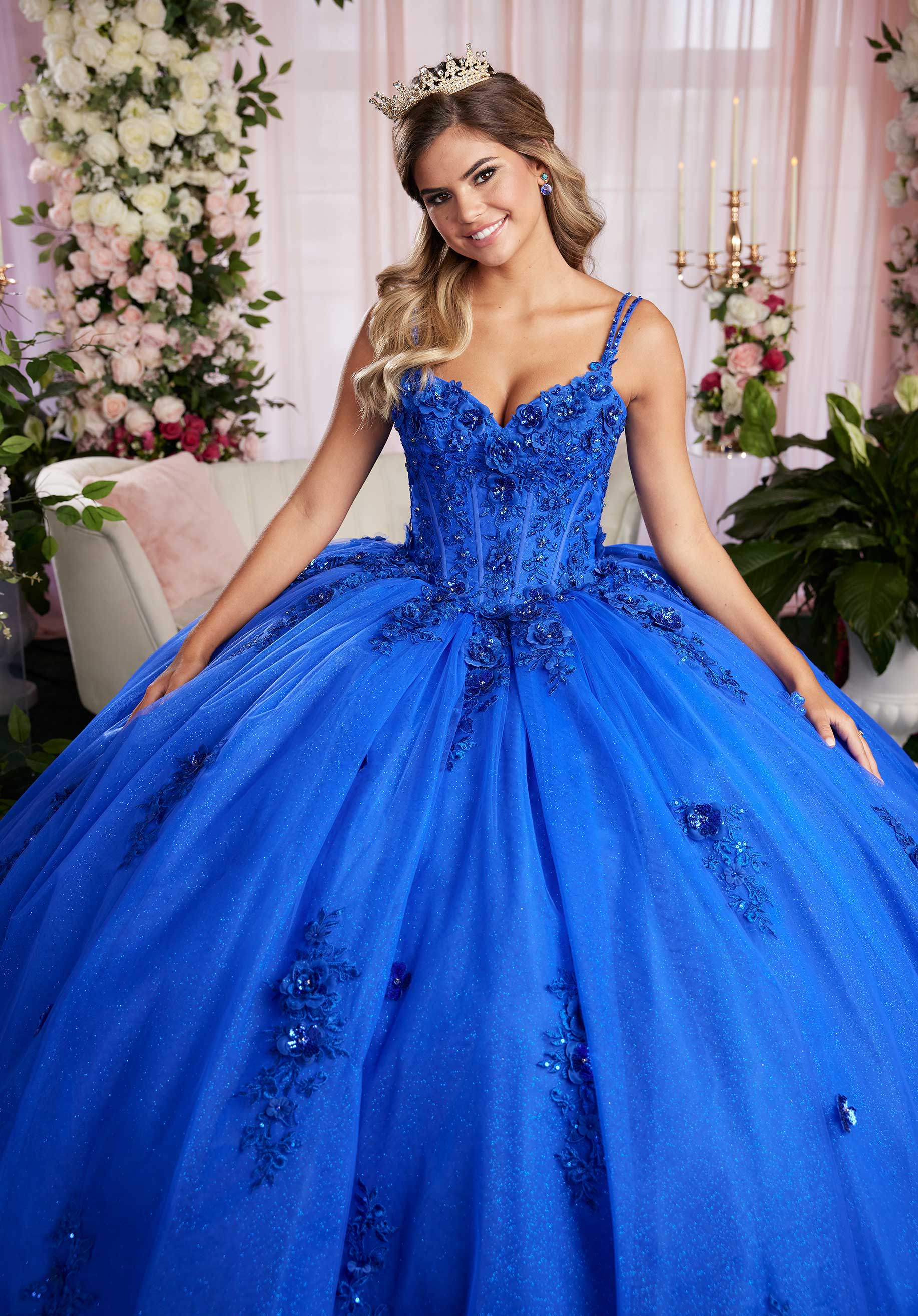 Three Dimensional Sequin Floral Quinceañera Dress with Fly Away Pouf Sleeves Morilee