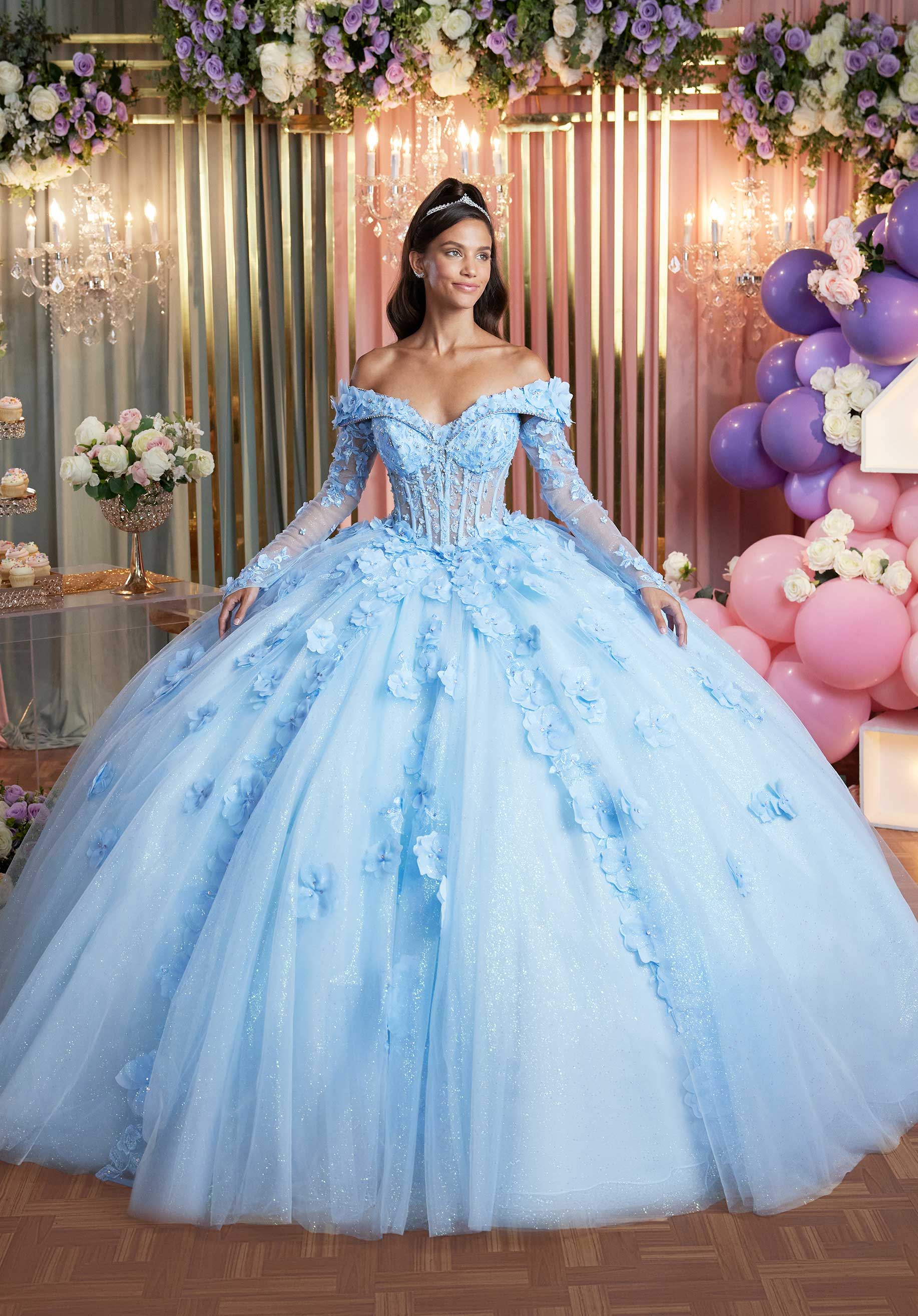 Cuffed Off The Shoulder Three Dimensional Floral Quinceañera Dress Morilee