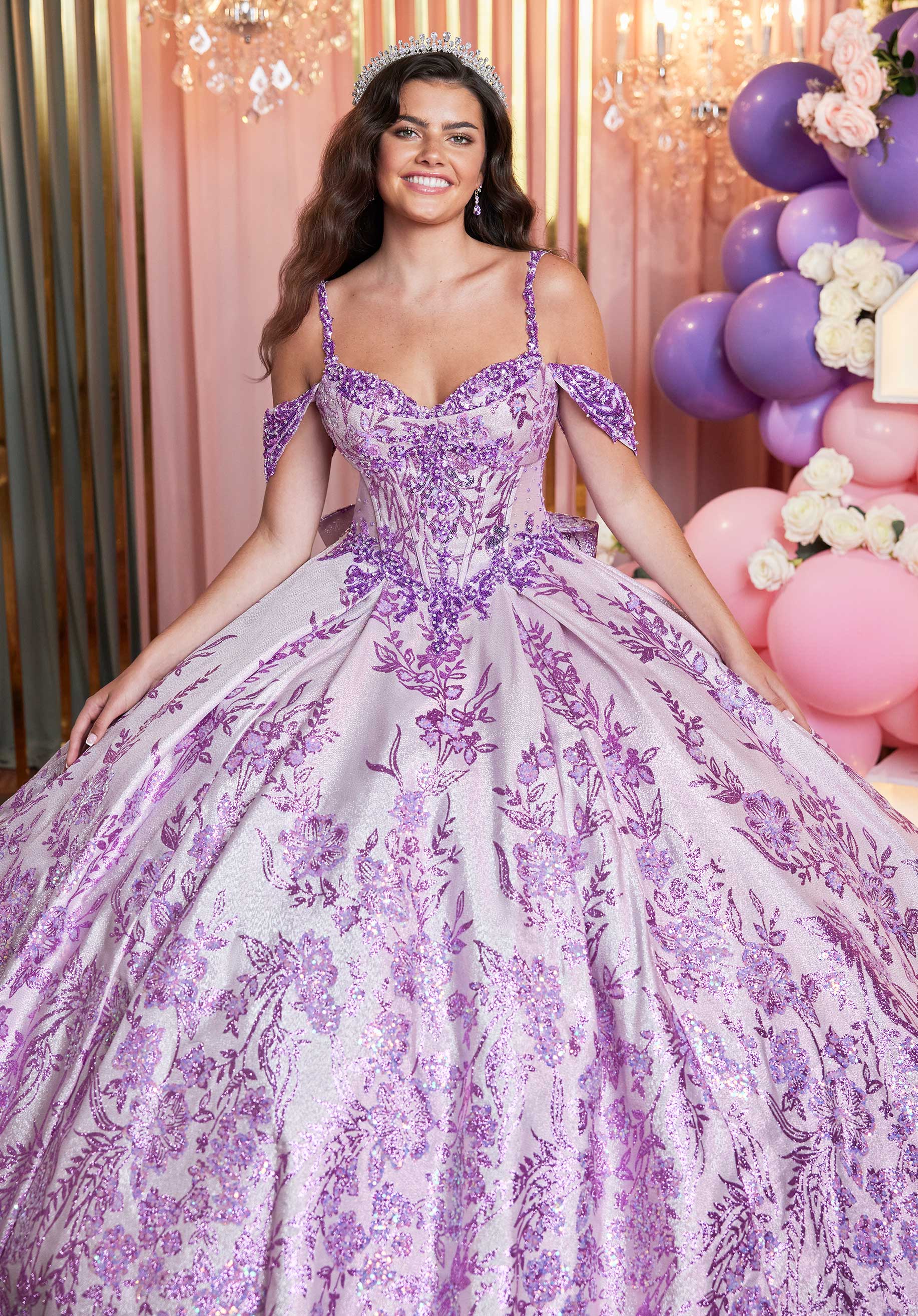 Floral Glitter Metallic Quinceañera Gown with Crumb Catcher Corset Morilee