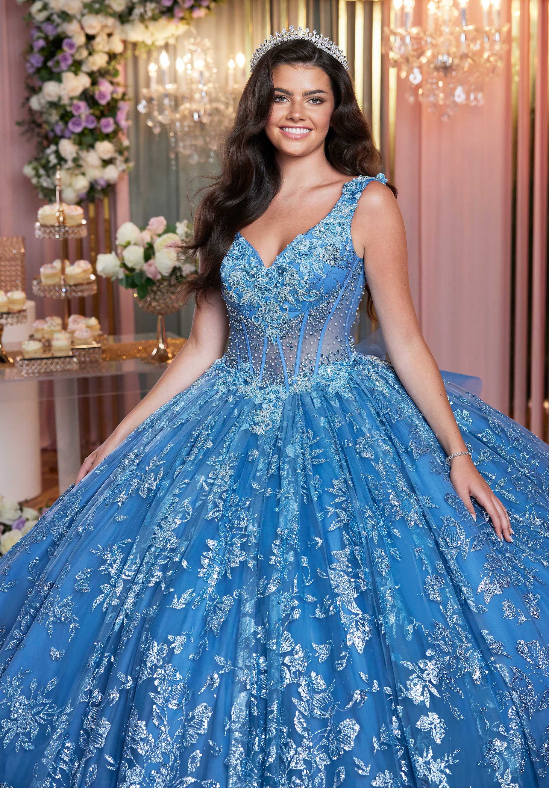 Pattern Sequin and Glitter Quinceañera Dress with Ruffle Sleeves and Streamers Morilee
