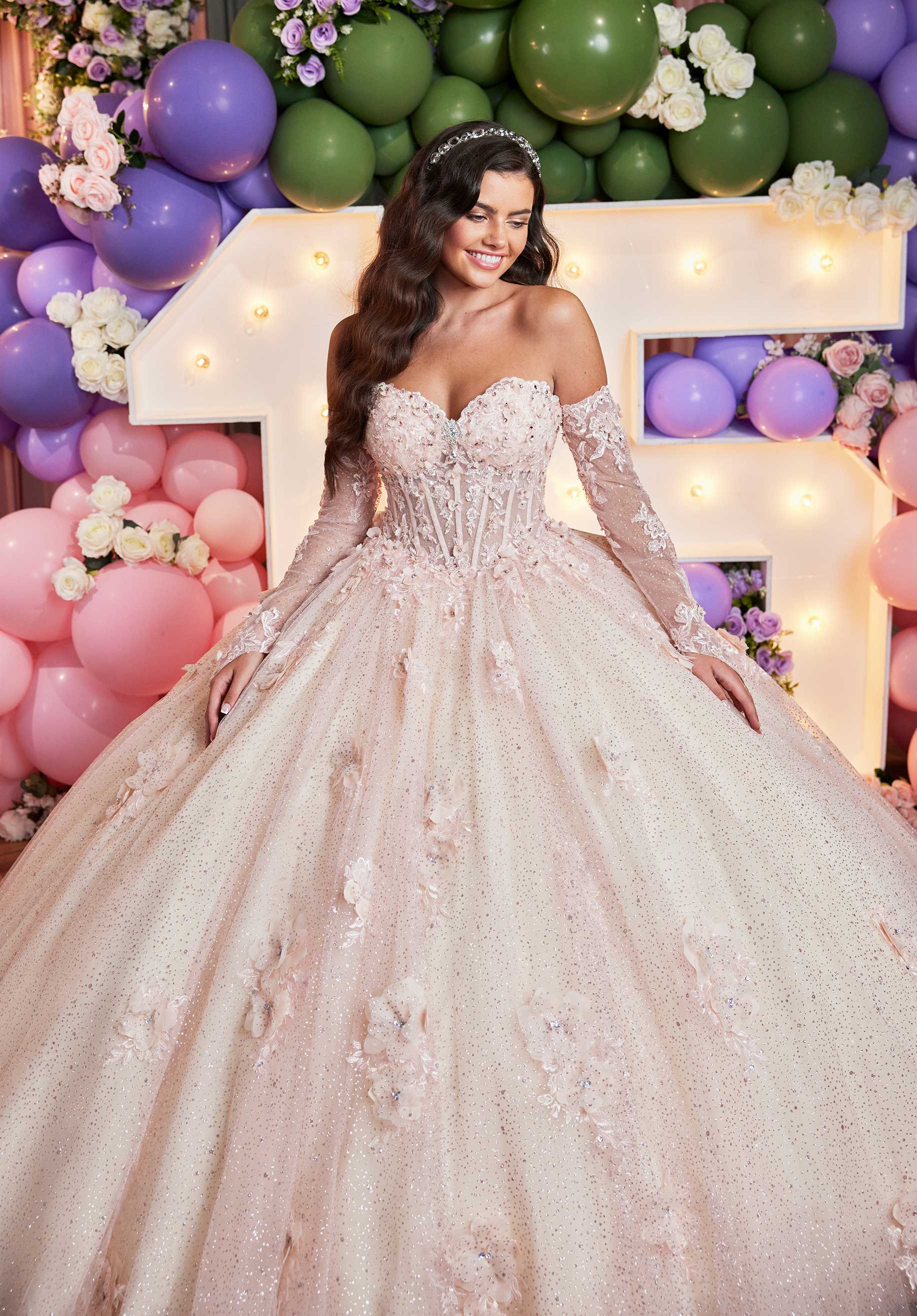 Embroidered and Three Dimensional Floral Appliquéd Glitter Tulle Quinceañera Dress Morilee