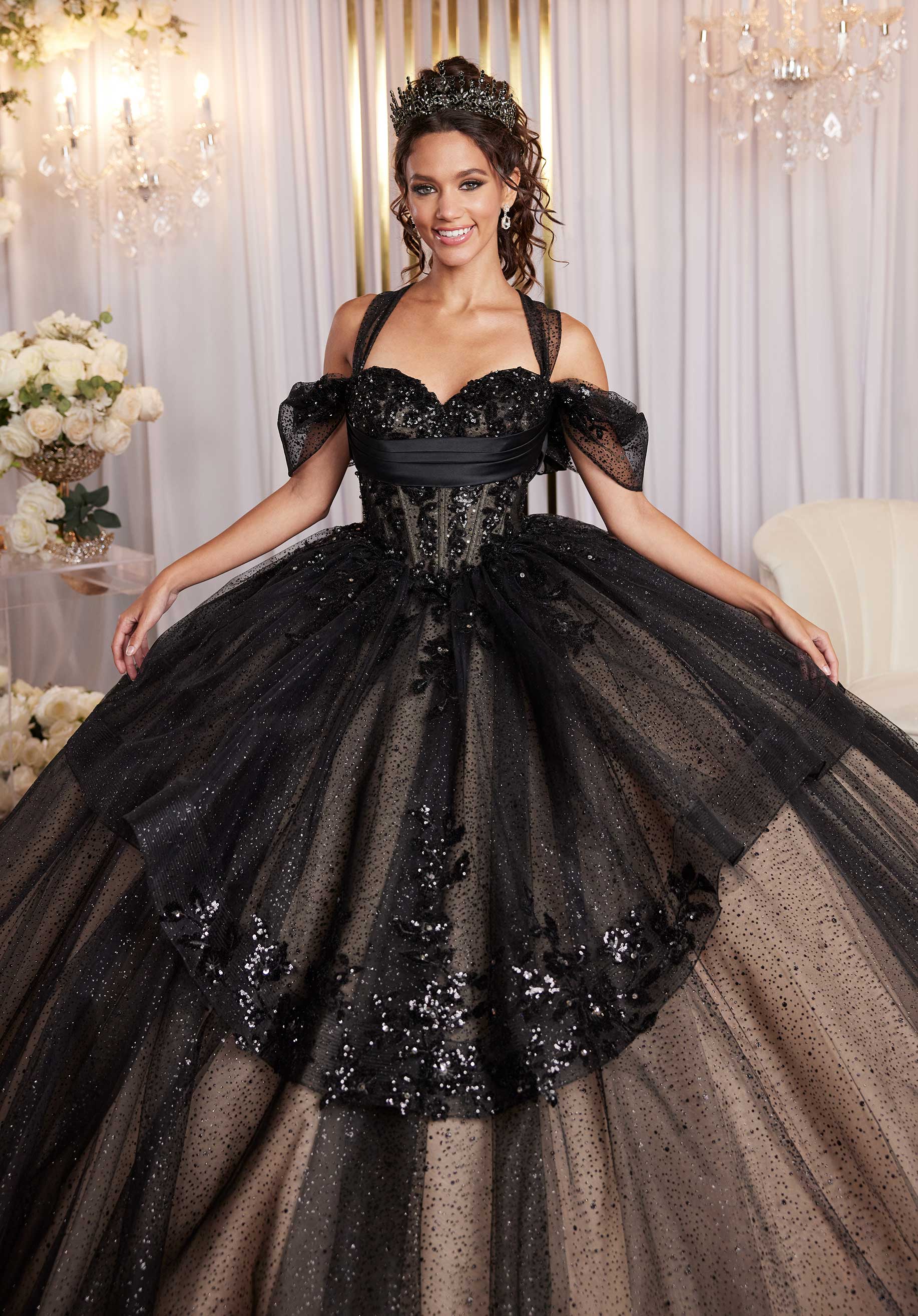 Stylized Tiered Sweetheart Quinceañera Dress with Appliqués and Sheer Side Cut Outs Morilee