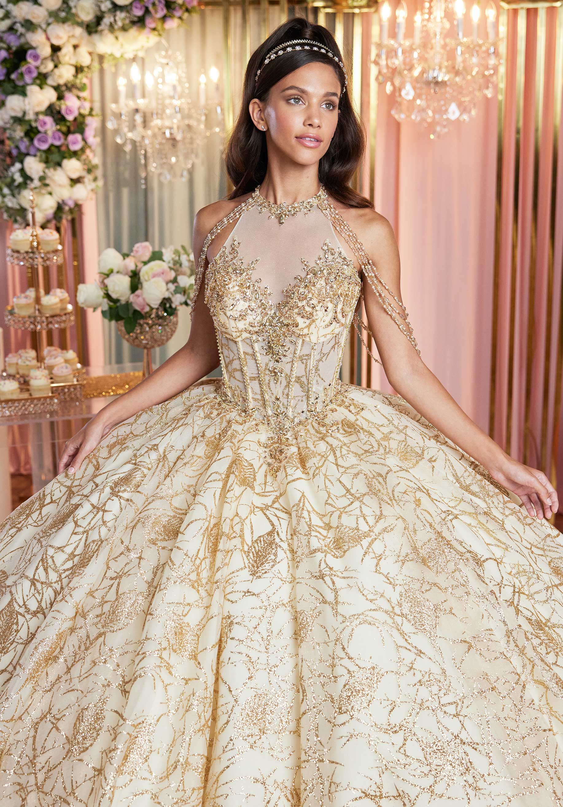 Illusion Halter Quinceañera Dress with Chandelier Sleeves Morilee