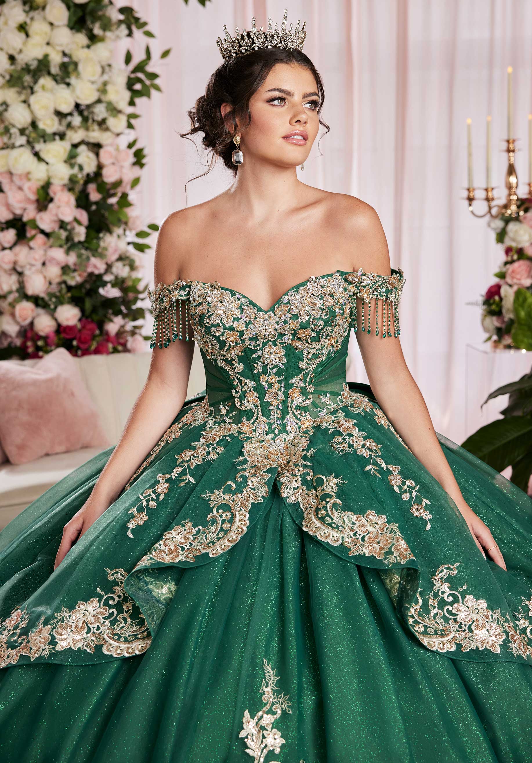 Embroidered Appliqué Sweetheart Quinceañera Dress with Sheer Sides and Fringe Sleeves Morilee