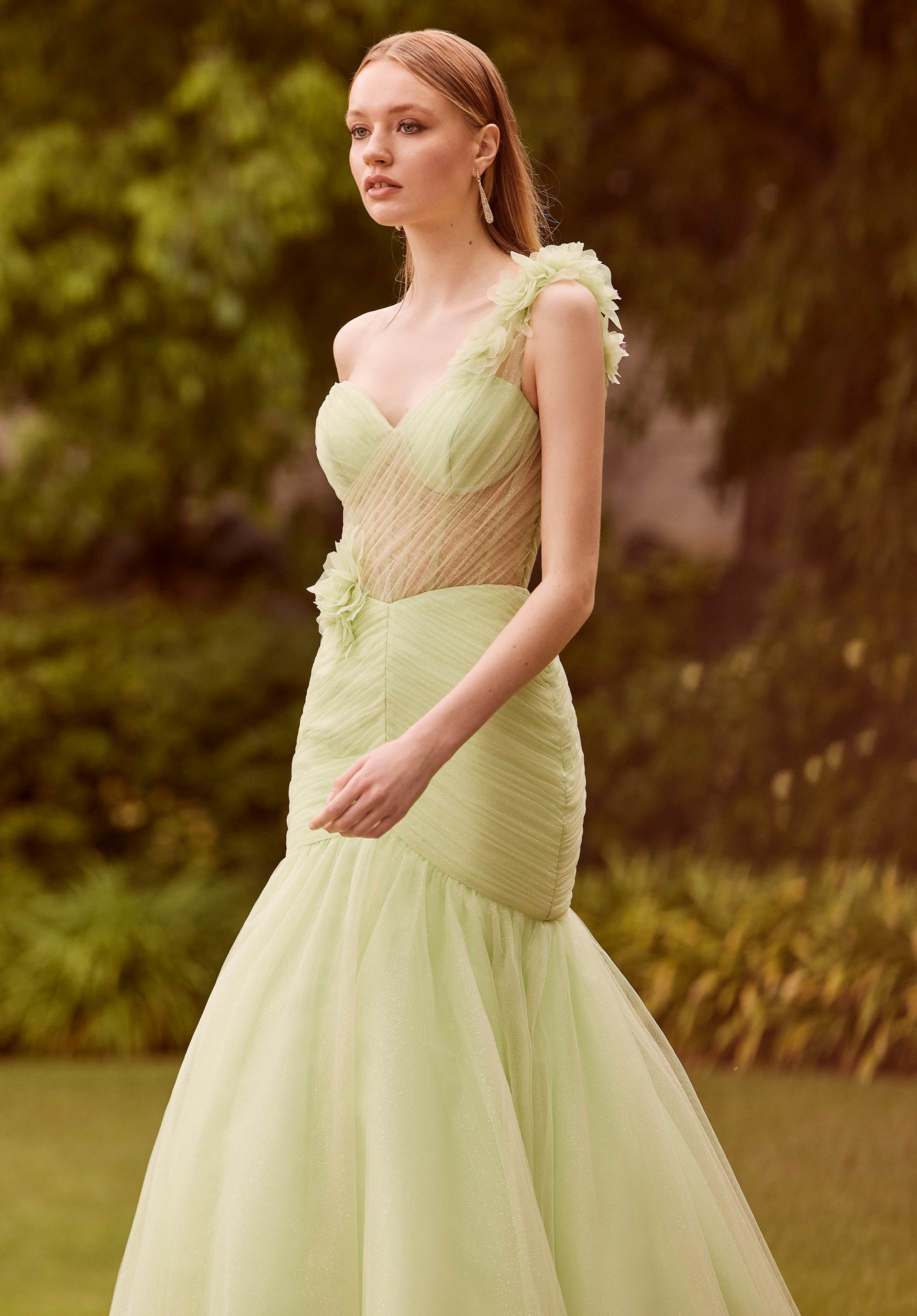 Draped Sparkle Tulle Mermaid with Three Dimensional Florals Morilee