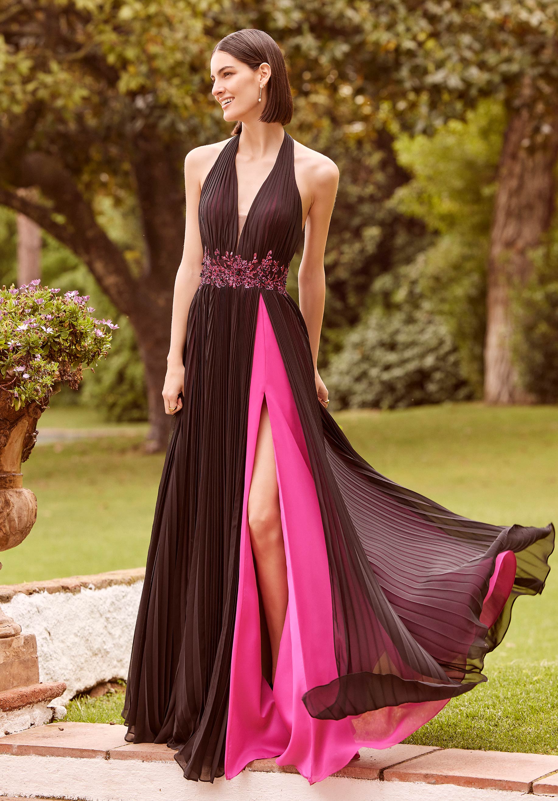 Contrasting Pleated Chiffon A-Line with Appliqués Morilee