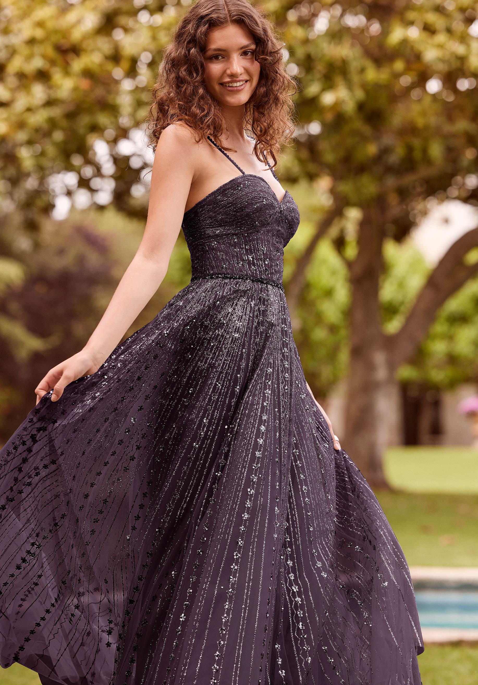Patterned Glitter A-Line with Crystal Beading Morilee