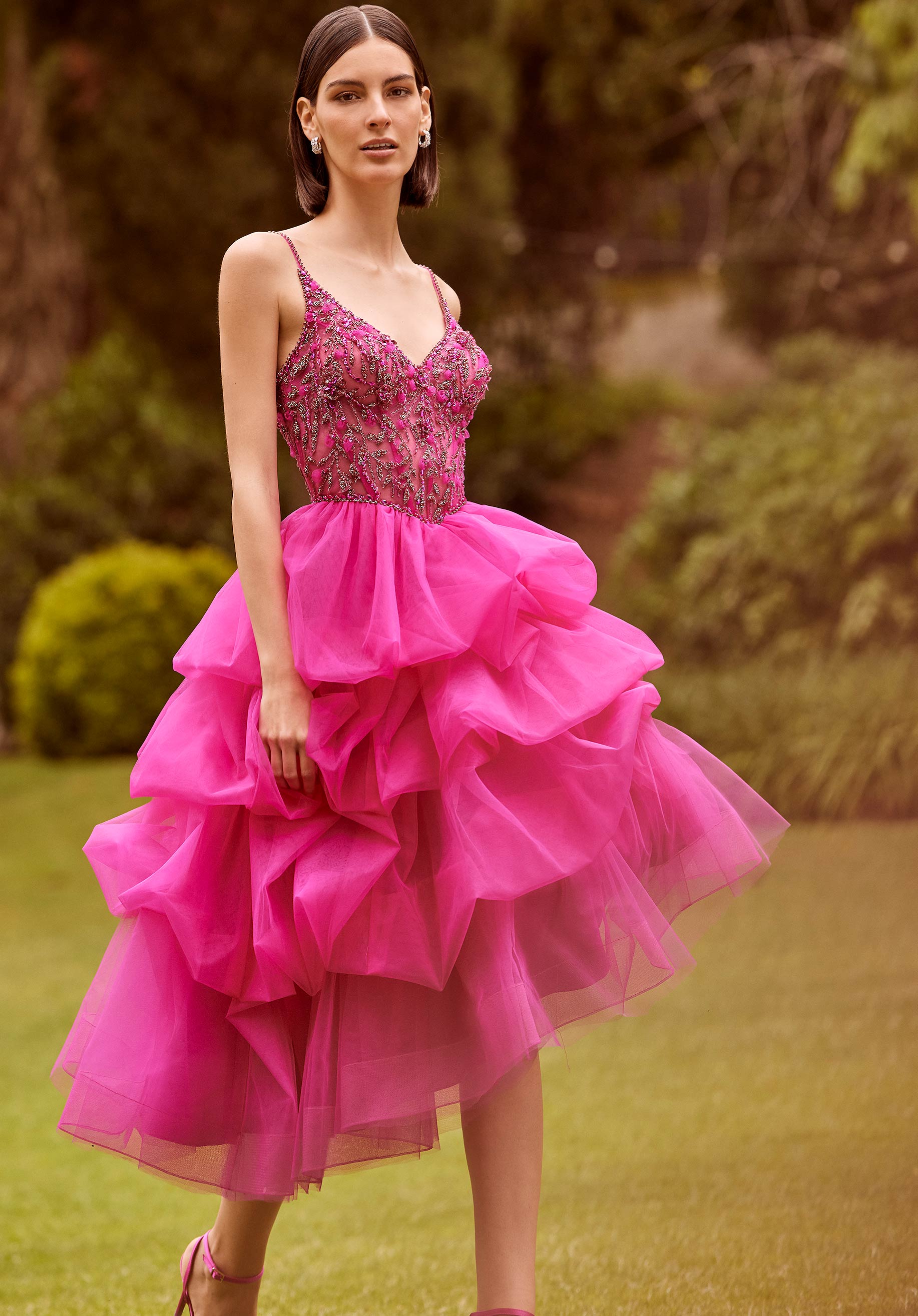 Tea Length Ruffled Gown with Crystal Beaded Glitter Embroidery Morilee