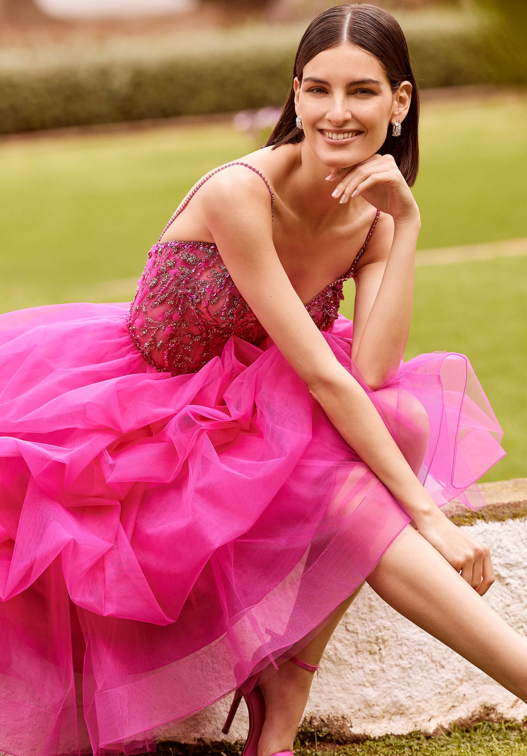 Tea Length Ruffled Gown with Crystal Beaded Glitter Embroidery Morilee
