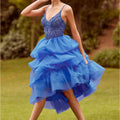 Tea Length Ruffled Gown with Crystal Beaded Glitter Embroidery Morilee