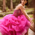 Tea Length Ruffled Gown with Crystal Beaded Glitter Embroidery Morilee
