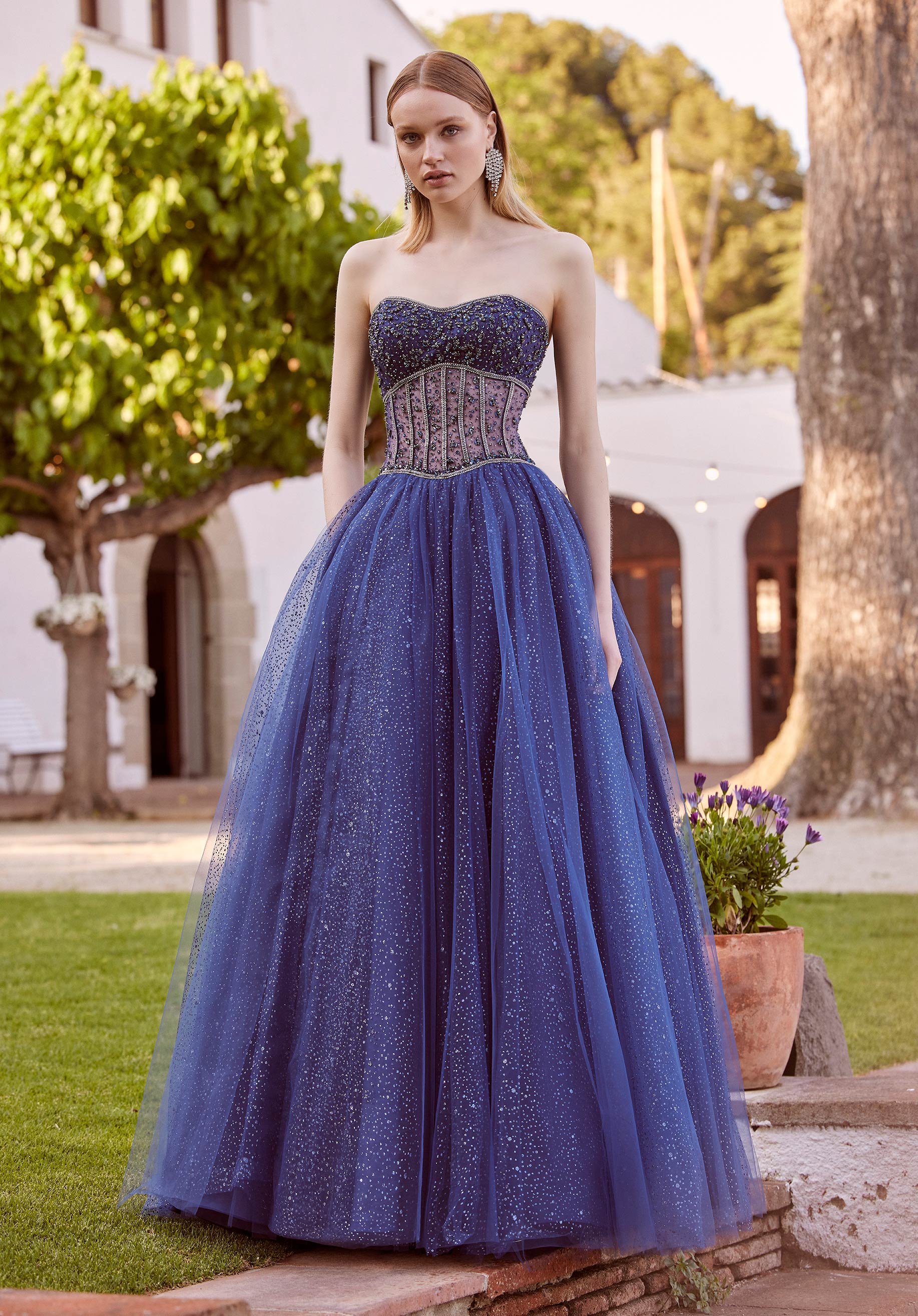 Crystal Beaded Sparkle Tulle Gown with Sheer Midriff Morilee
