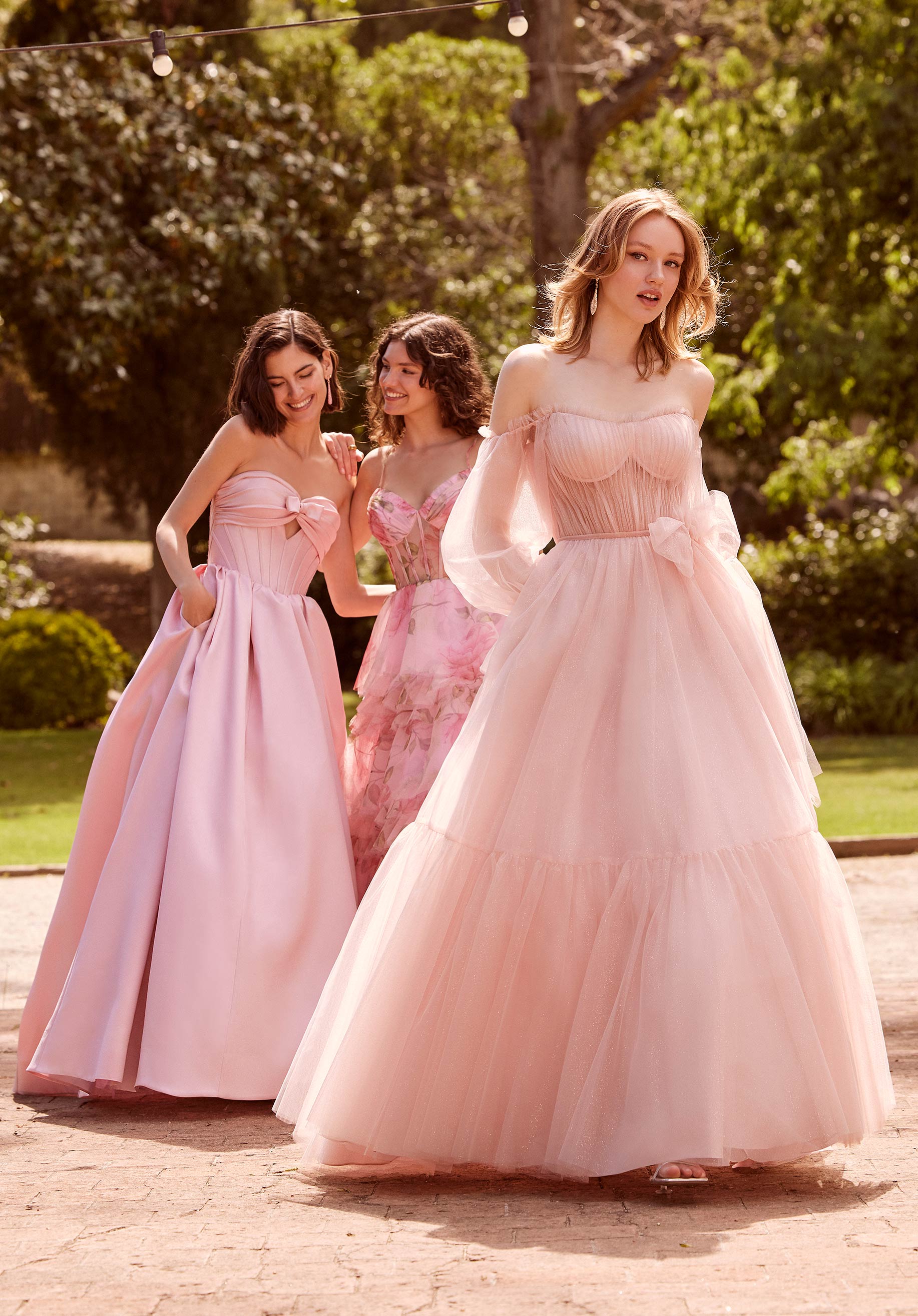 Sheer Draped Glitter Tulle Ball Gown with Floral Bow Morilee