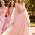 Sheer Draped Glitter Tulle Ball Gown with Floral Bow Morilee