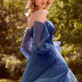 Sheer Draped Glitter Tulle Ball Gown with Floral Bow Morilee