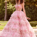 Floral Printed Tiered Tulle Ball Gown with Tied Straps Morilee