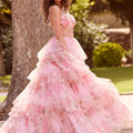 Floral Printed Tiered Tulle Ball Gown with Tied Straps Morilee