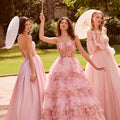 Floral Printed Tiered Tulle Ball Gown with Tied Straps Morilee