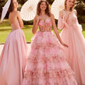 Floral Printed Tiered Tulle Ball Gown with Tied Straps Morilee