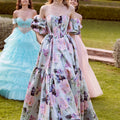 Floral Printed Larissa Satin Ball Gown with Pouf Sleeves Morilee